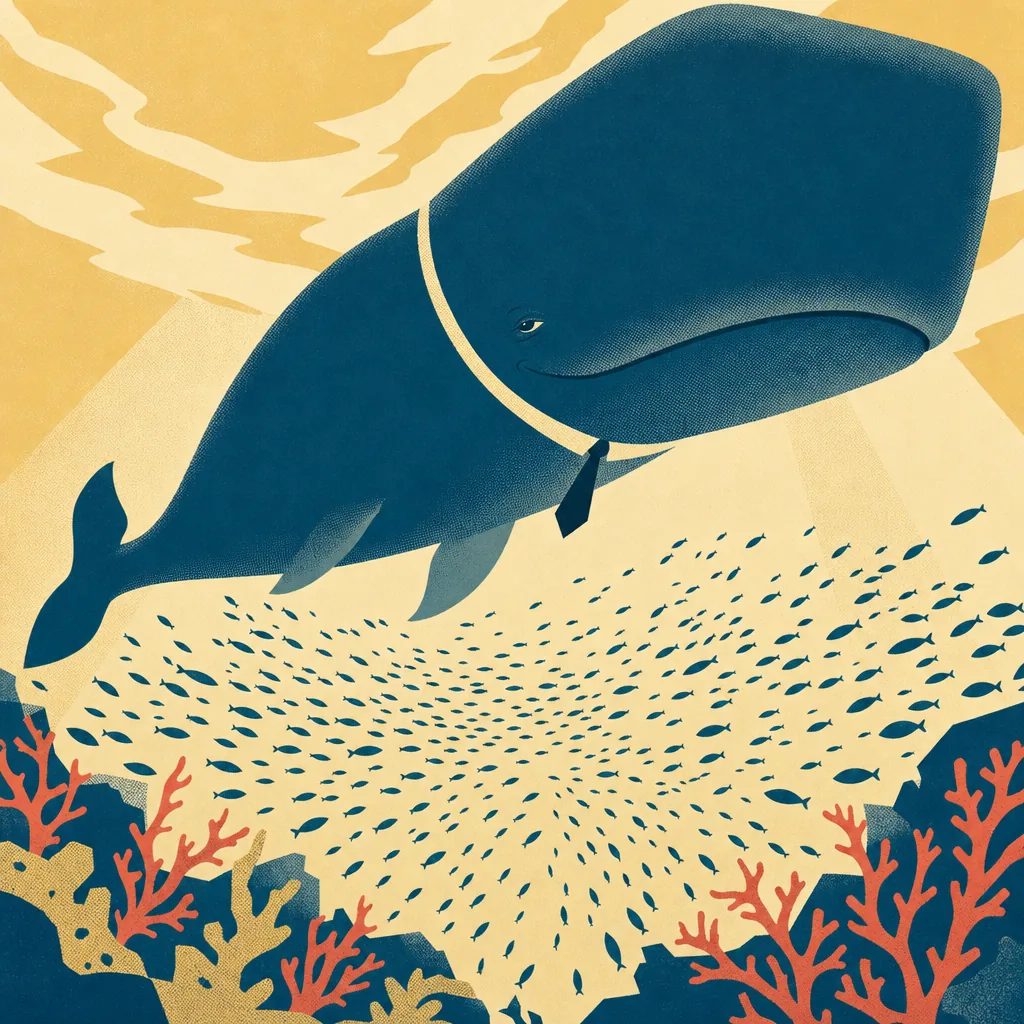A screen-print seen from below of a colossal whale silhouette passing overhead as tiny fish scatter