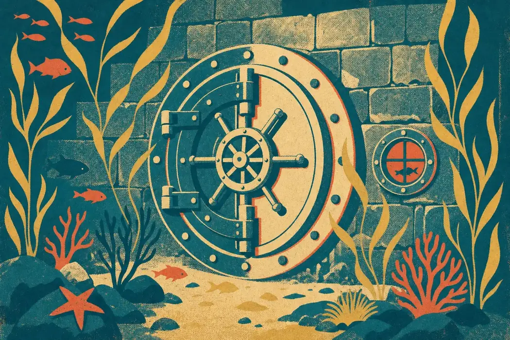 A screen-print of a huge circular vault door set into stone on the sea floor with seaweed drifting across it