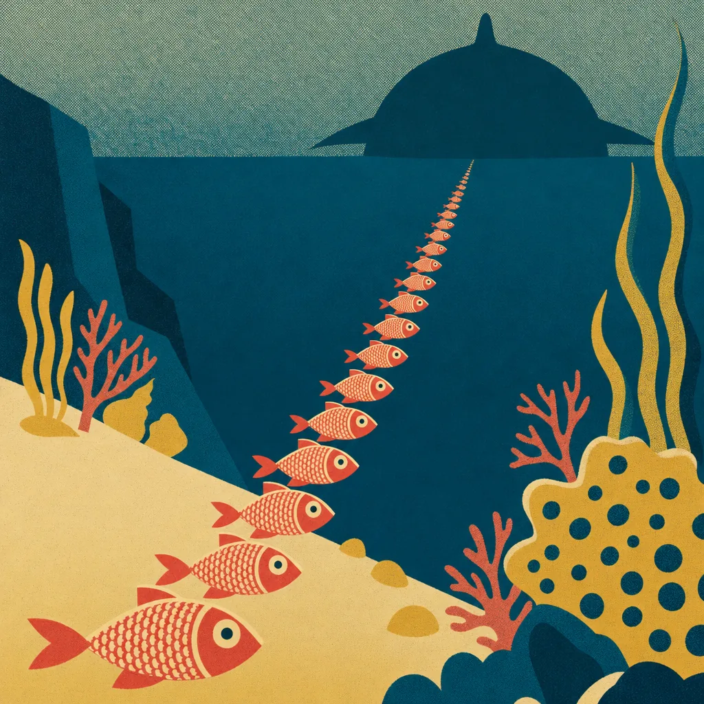 A screen-print of a long queue of small identical fish stretching back towards a dark shape on the horizon