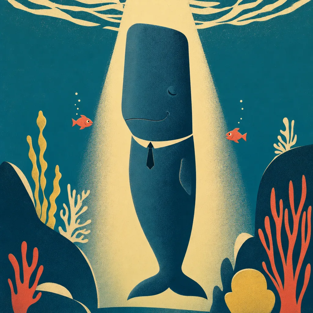 A screen-print of the whale asleep floating perfectly vertical nose-up in a shaft of light