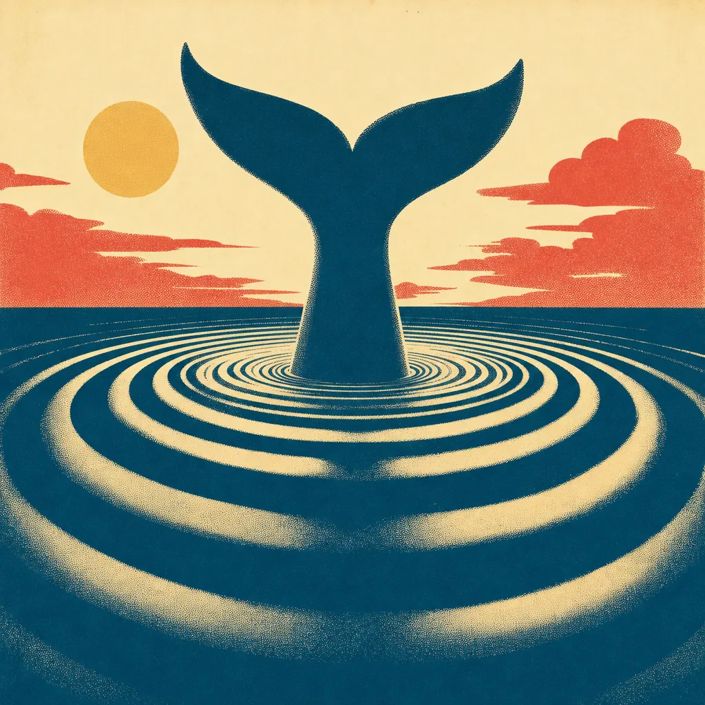 A screen-print of an enormous tail fluke raised above dark water with rings spreading outward
