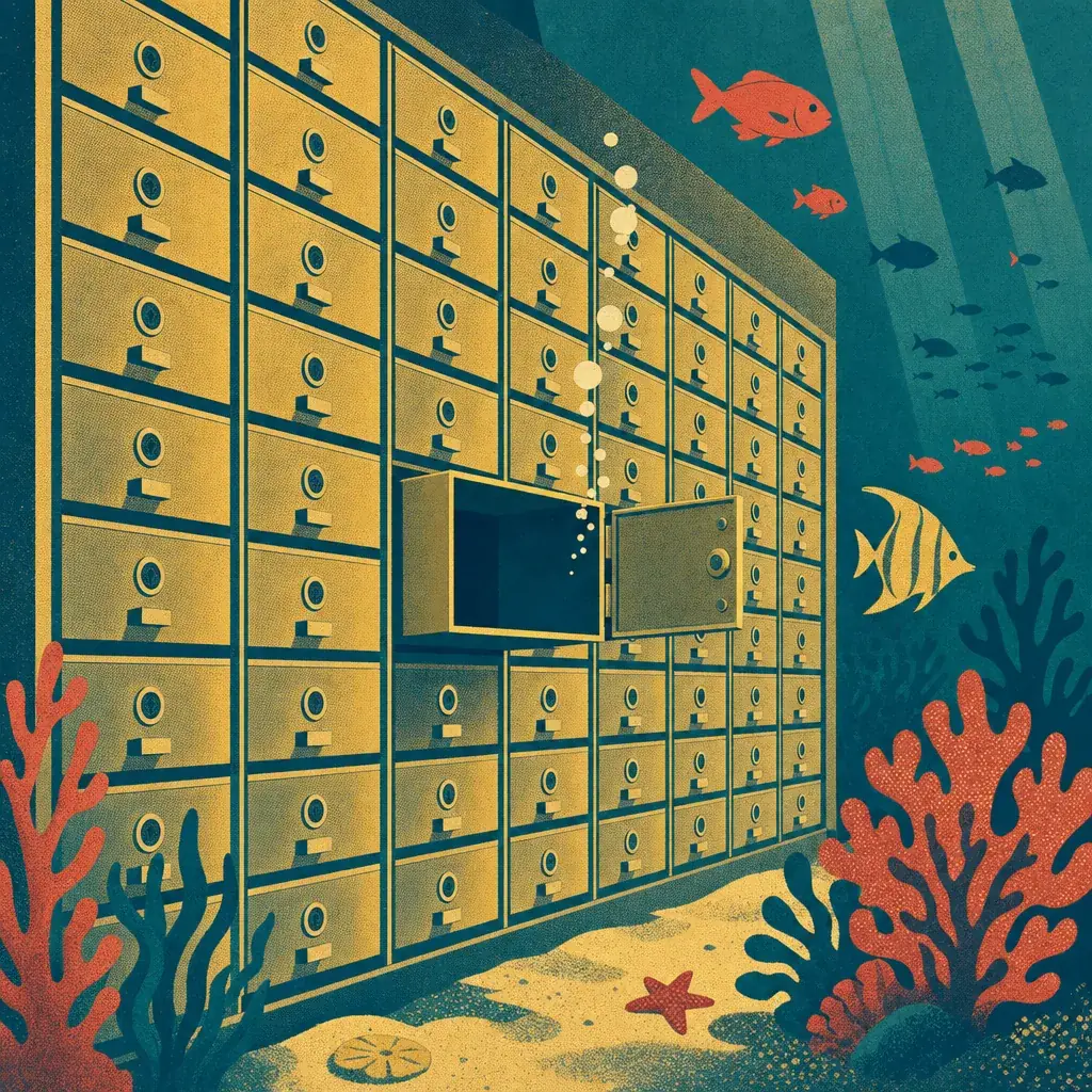A screen-print of a wall of small brass safe-deposit boxes on the sea floor with one hanging open and empty