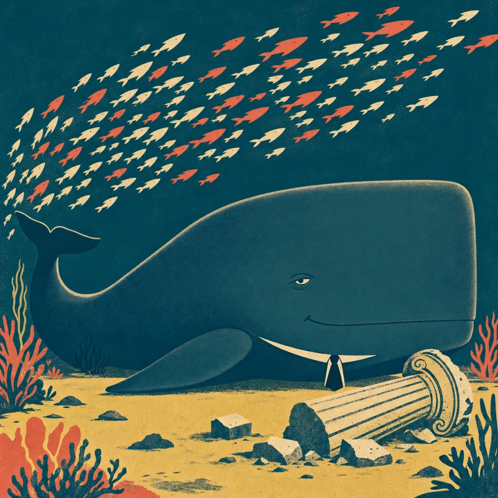 A screen-print of the whale resting on the sea floor while a streak of tiny fish rushes past above him