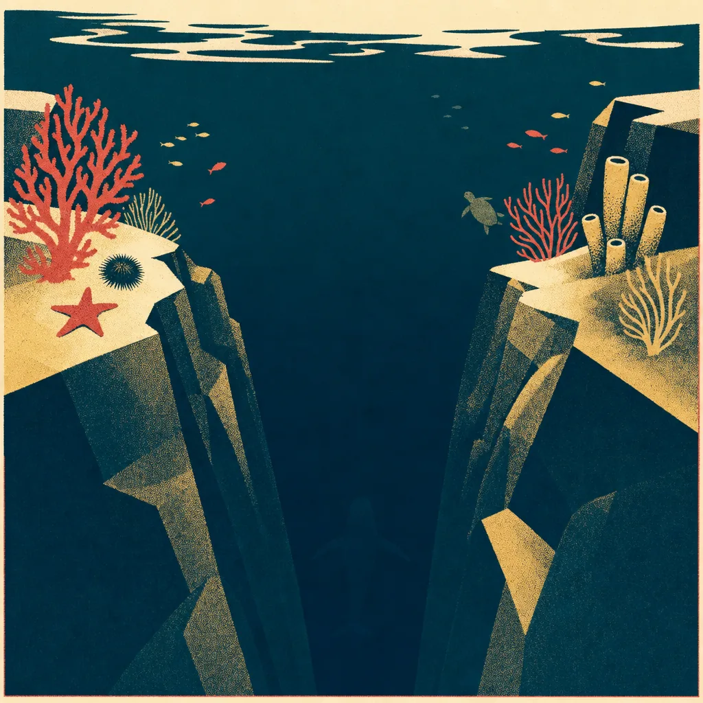 A screen-print of a dark ocean trench with one faint enormous pale shape barely visible far below